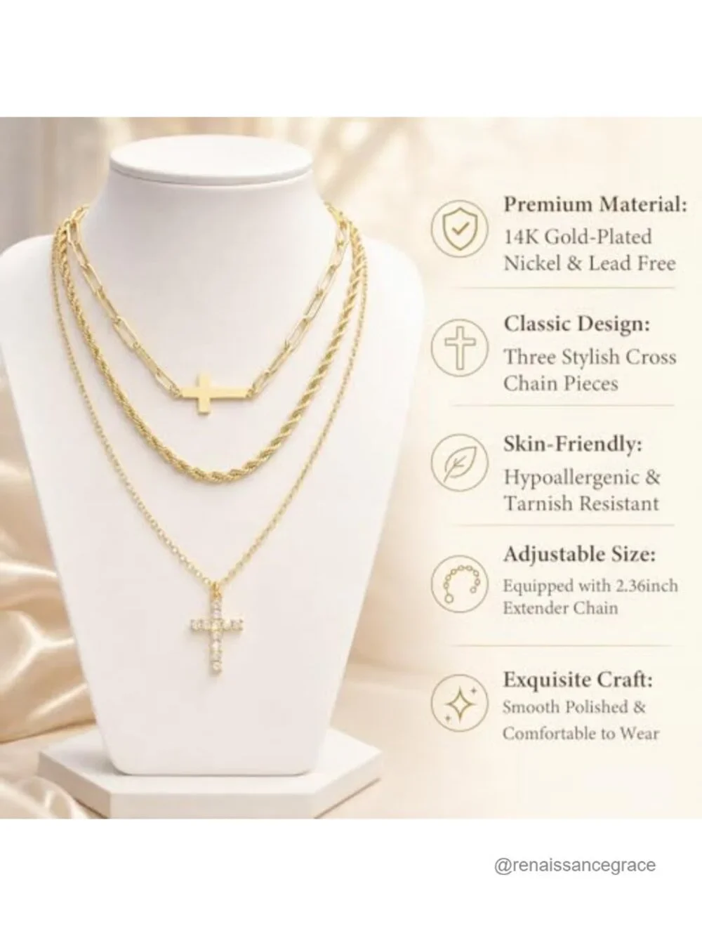 14K Gold Plated Cross Necklace Set for Women, 3 Layer Pendant Layering